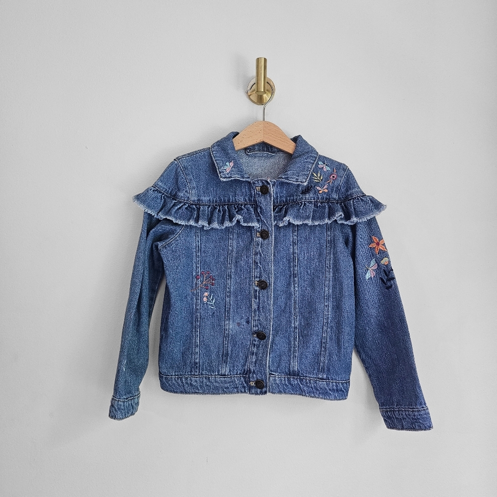 Girls 7/8 Denim Jacket with Embroidered Flowers & Ruffle Detail